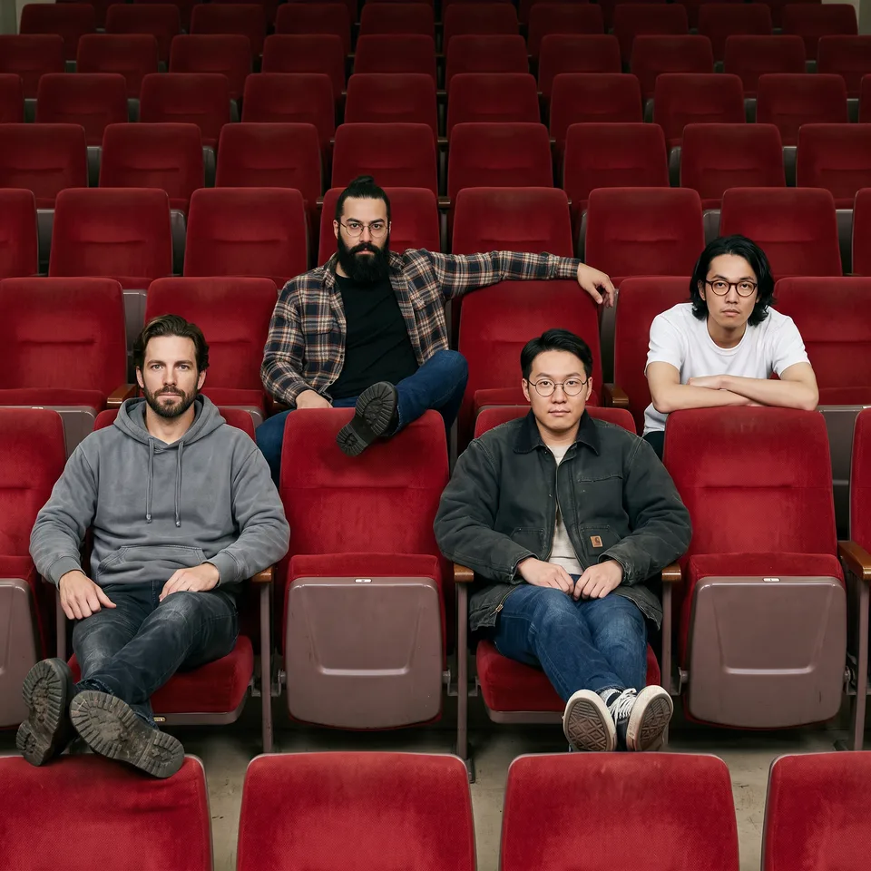 The four band members sitting in red cinema seats.