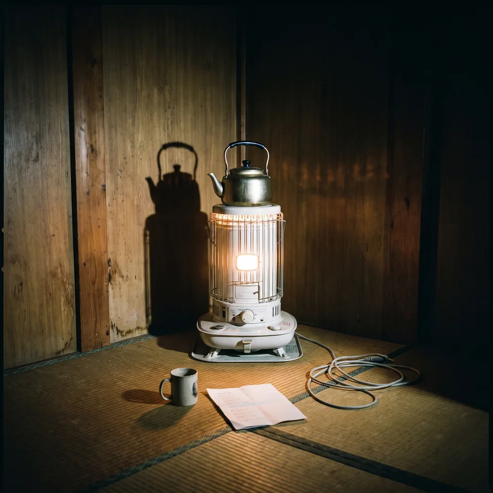 A portable heater and kettle in the wooden room.