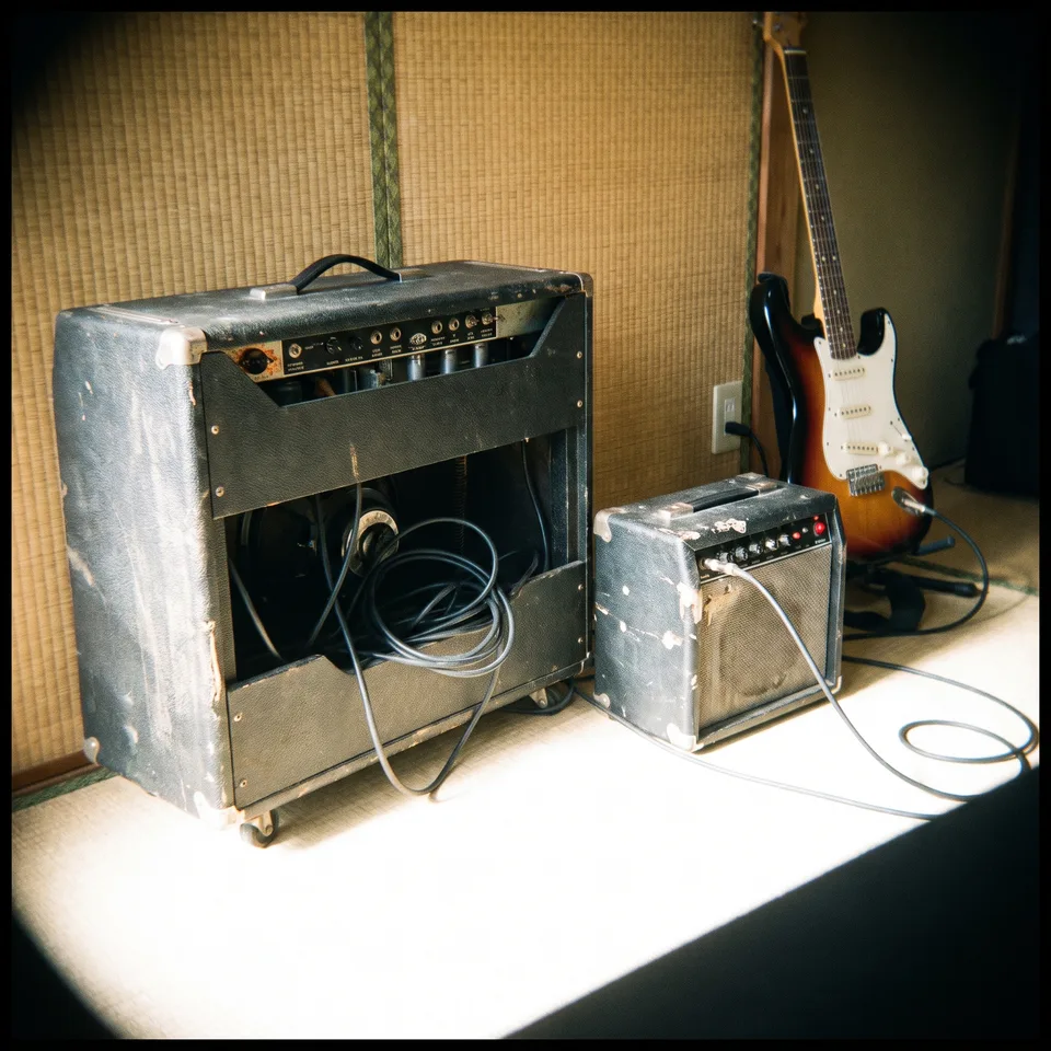 A large open-backed amplifier beside a small practice amp and a guitar.