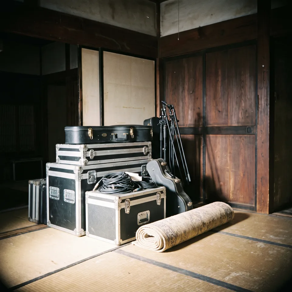 Instrument cases and recording equipment packed up in the room.
